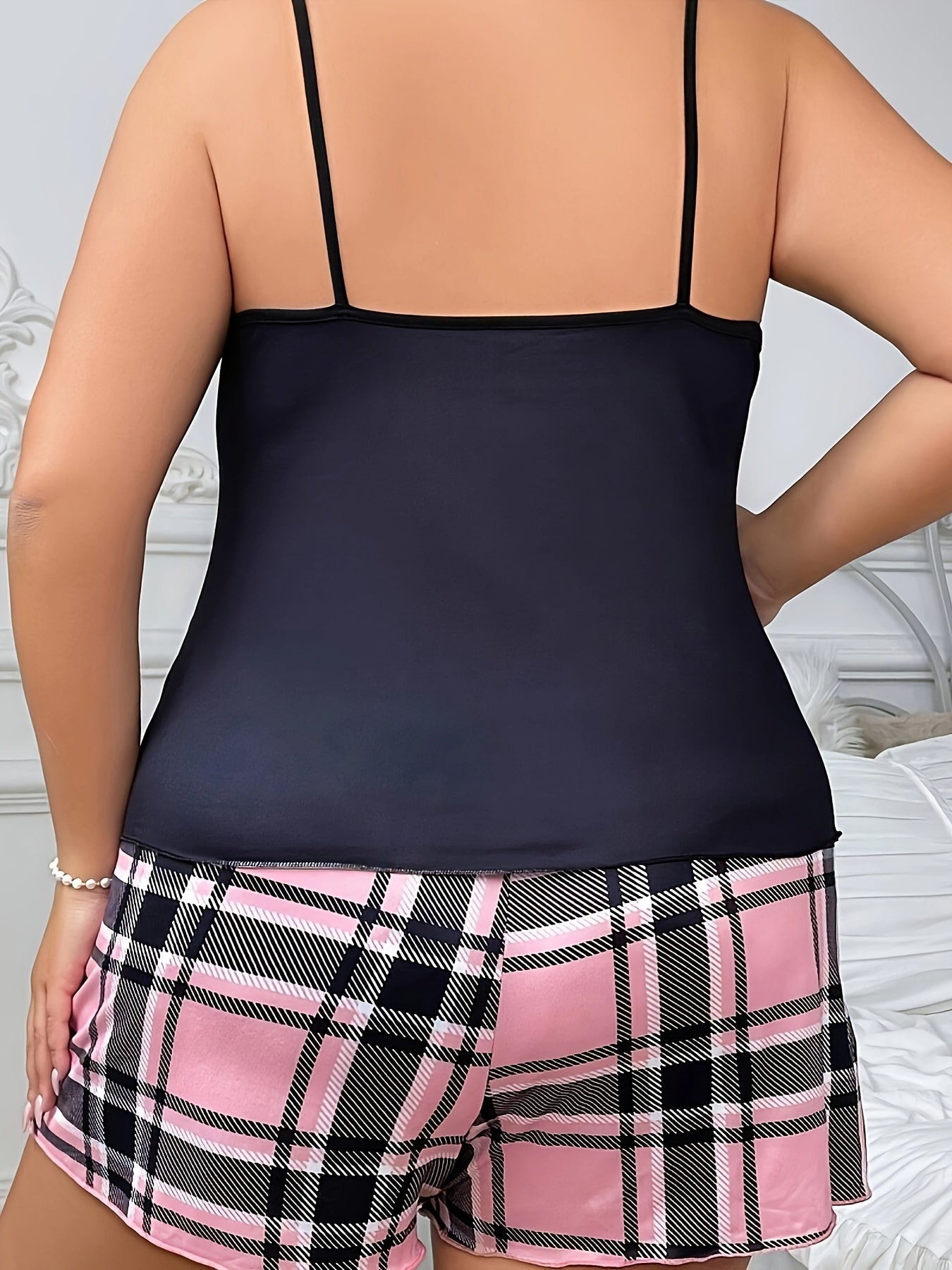 Women's Plus Size Lounge Pajama Set Plaid Heart & Letter Print Cami & Shorts