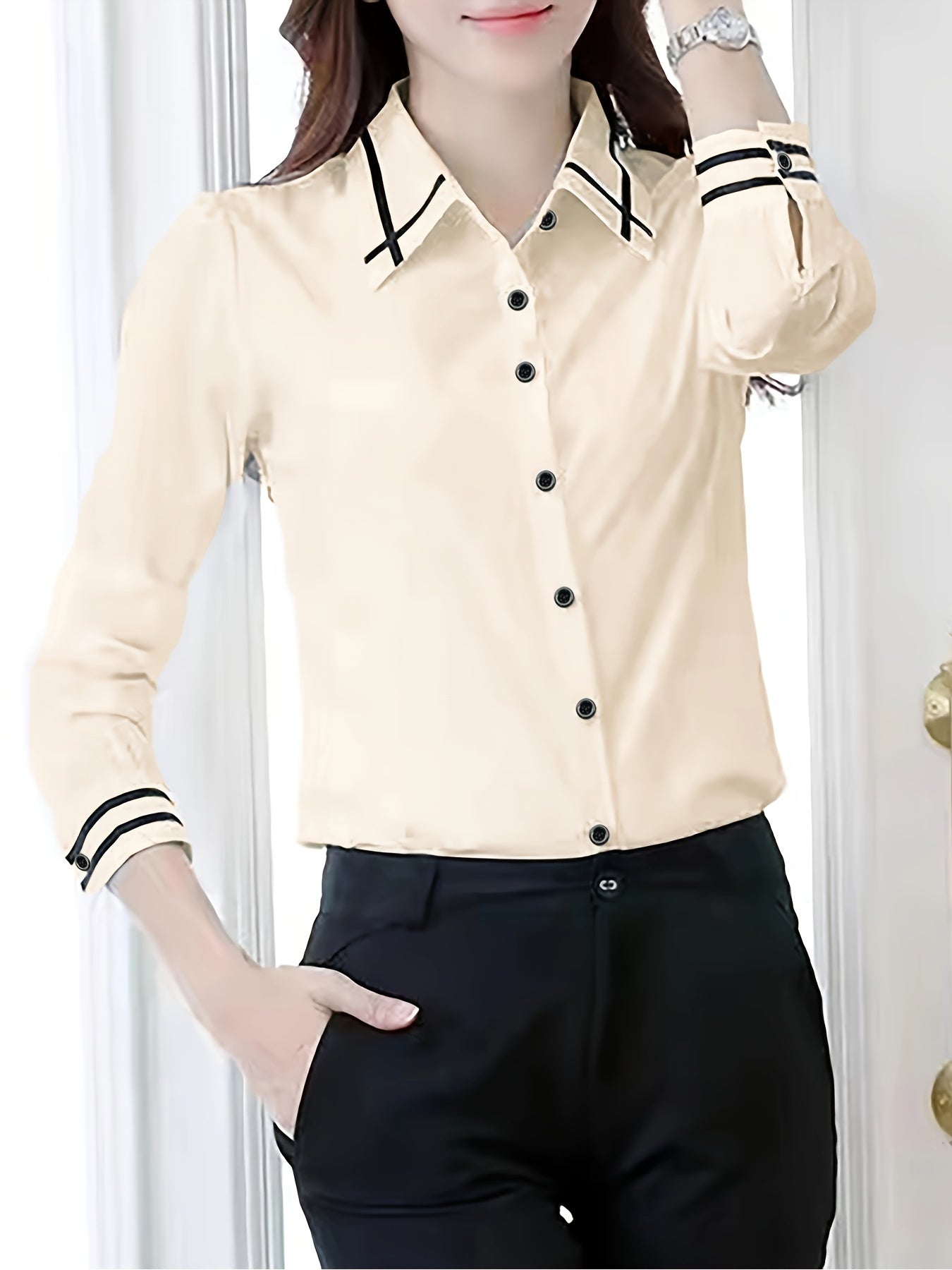 Adult Long Sleeve Color Block Polyester Shirting with Lapel Collar