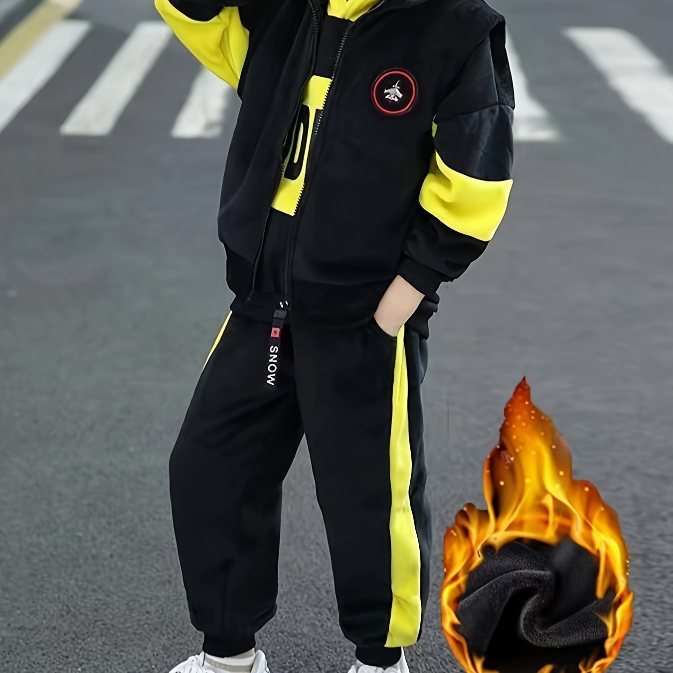 Boys Winter Three-Piece Set Hoodie Vest Pants Casual Sporty Warm Velvet for Medium to Large Children