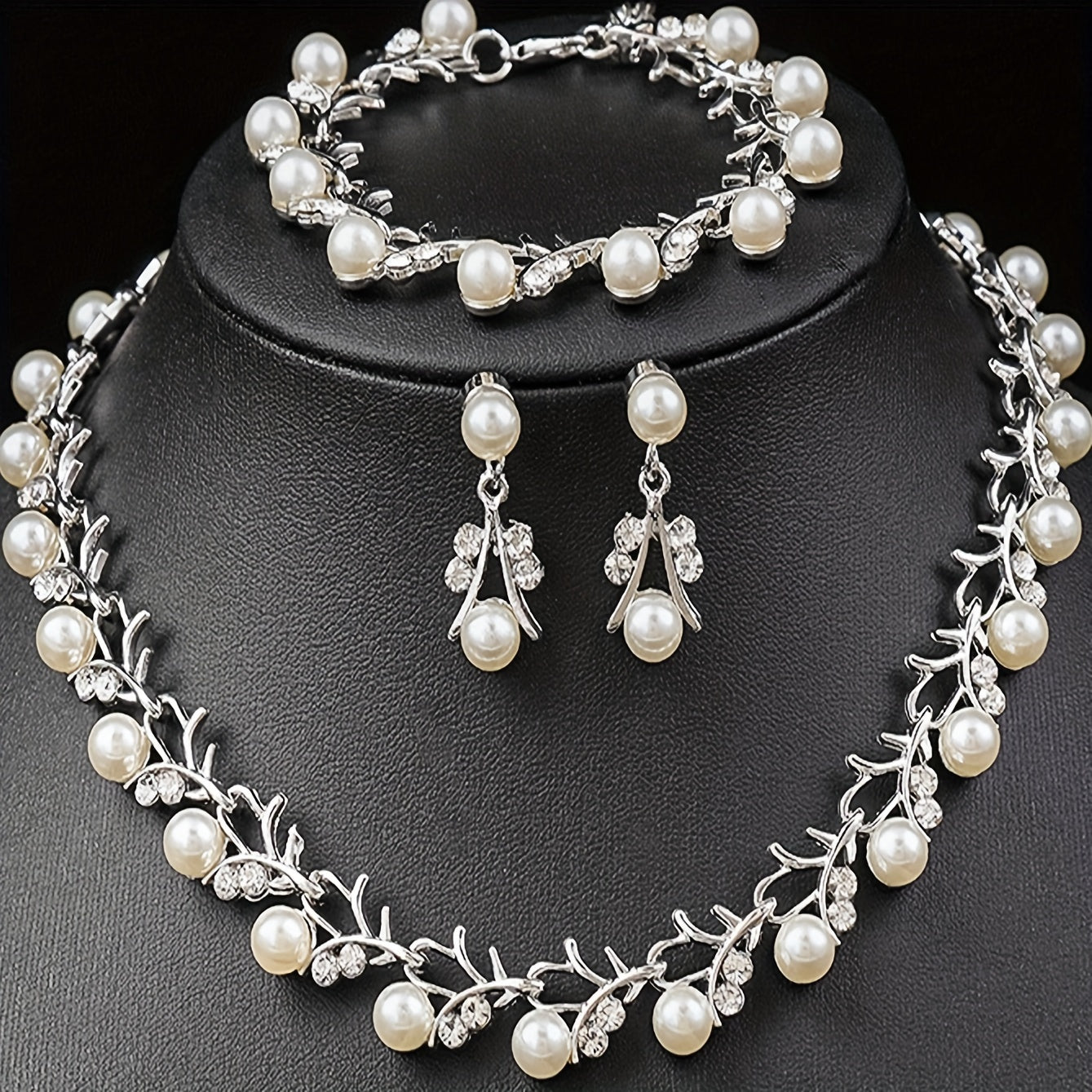 Women’s Jewelry Set Faux Pearl Silver-Plated Necklace Bracelet Earrings for Weddings Parties