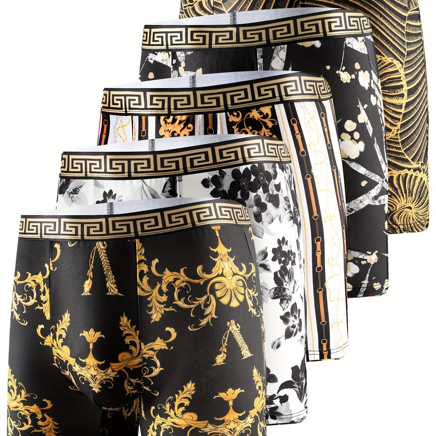 Men's Boxer Briefs 5 Pack Geometric Pattern Breathable Polyester Stretch Black Gold