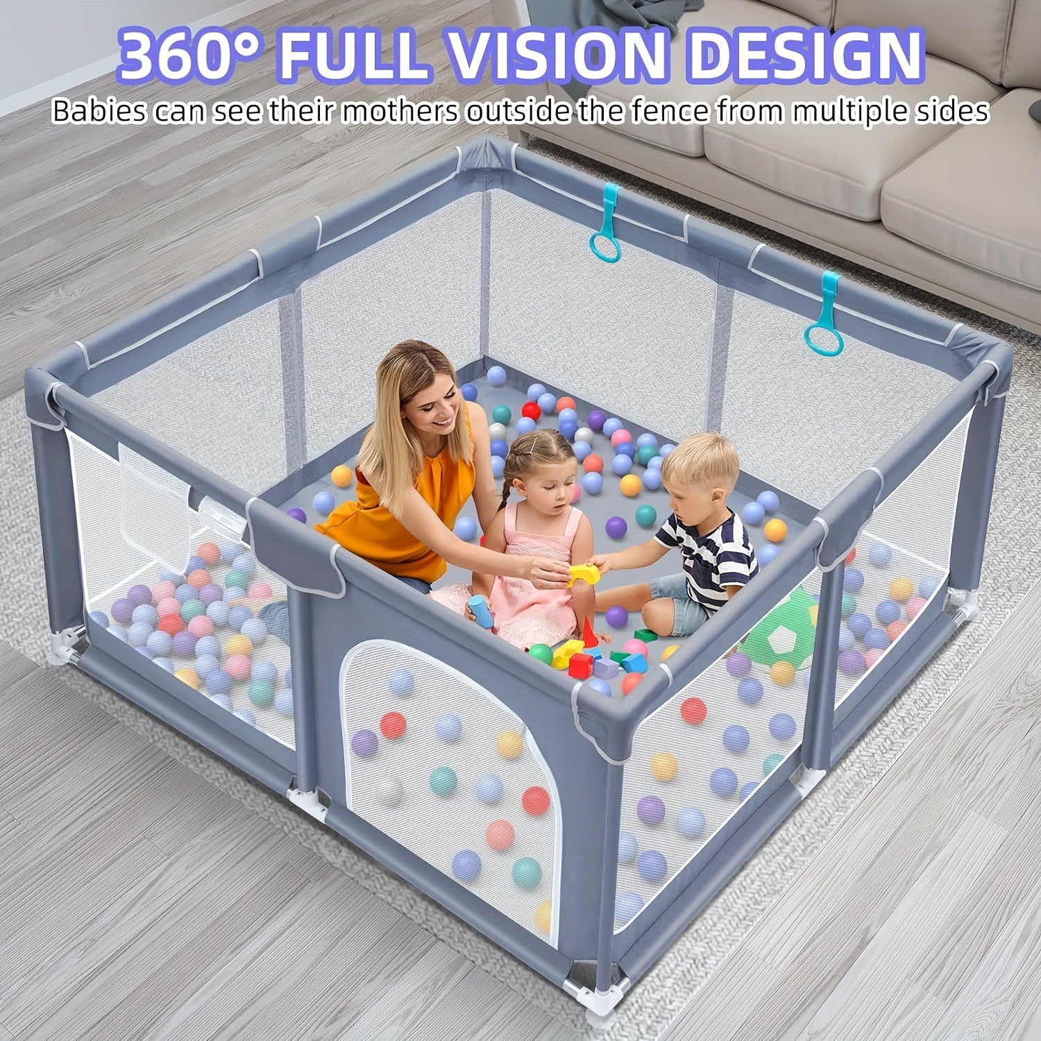 Kids Playpen Gray Polyester Enclosed Safe Play Area with Zipper Doors