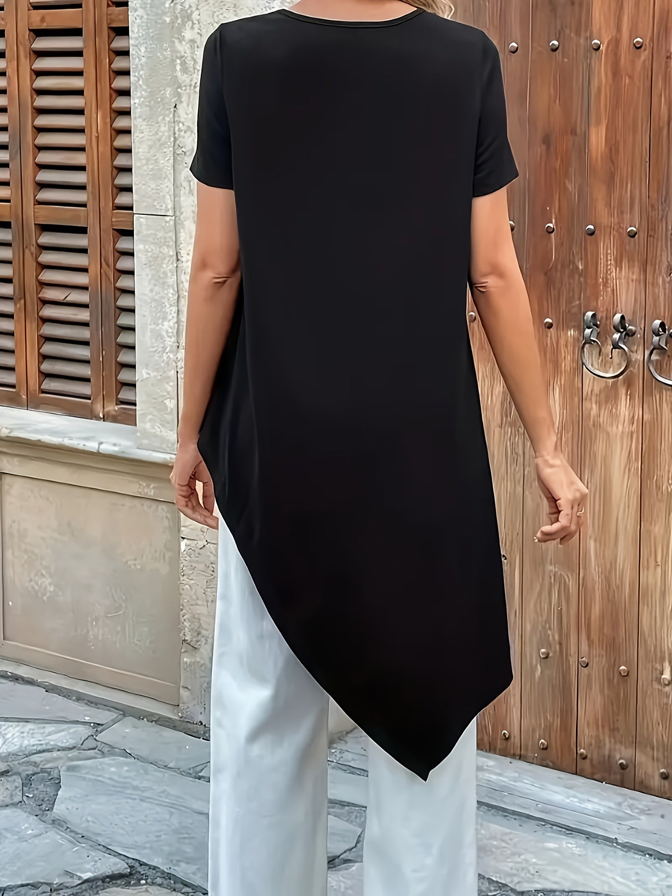 Plus Size Women's Summer Casual Longline T-Shirt Black Short Sleeve Breathable