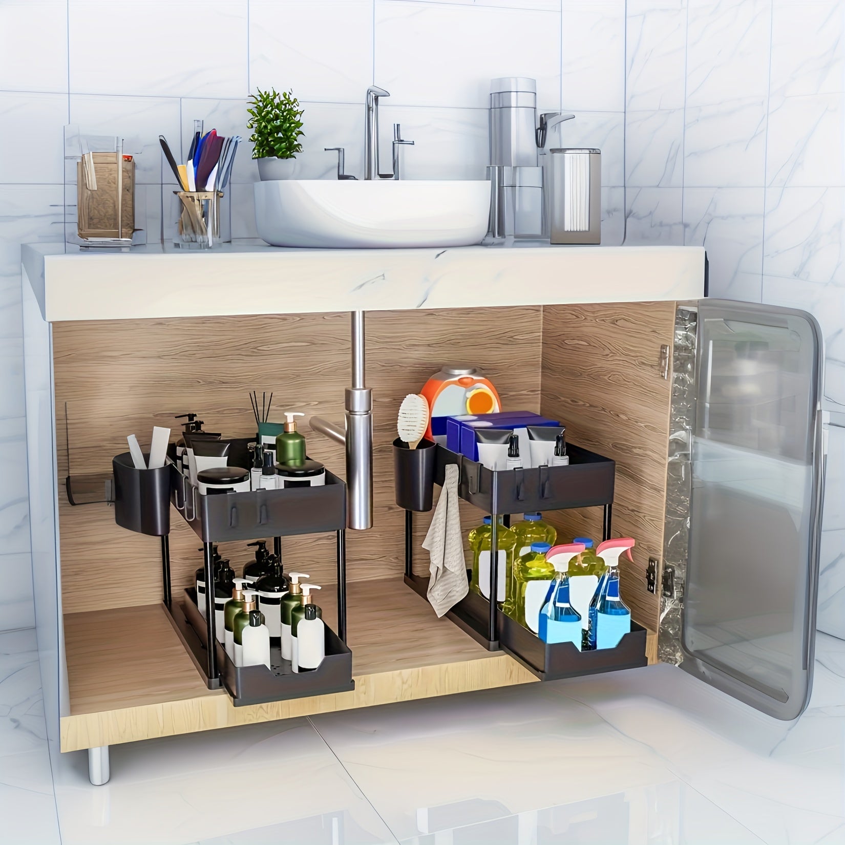 Plastic 2-Tier Under-Sink Organizer for Bathroom and Kitchen Storage