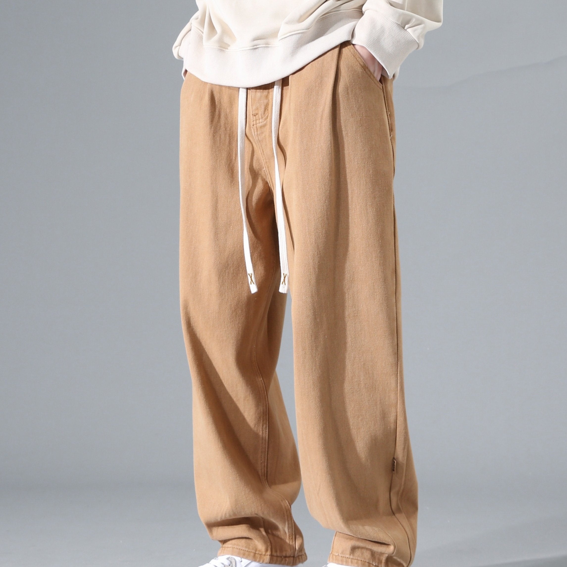Men's Cotton Cargo Pants Wide Leg Drawstring Casual Spring Fall Winter