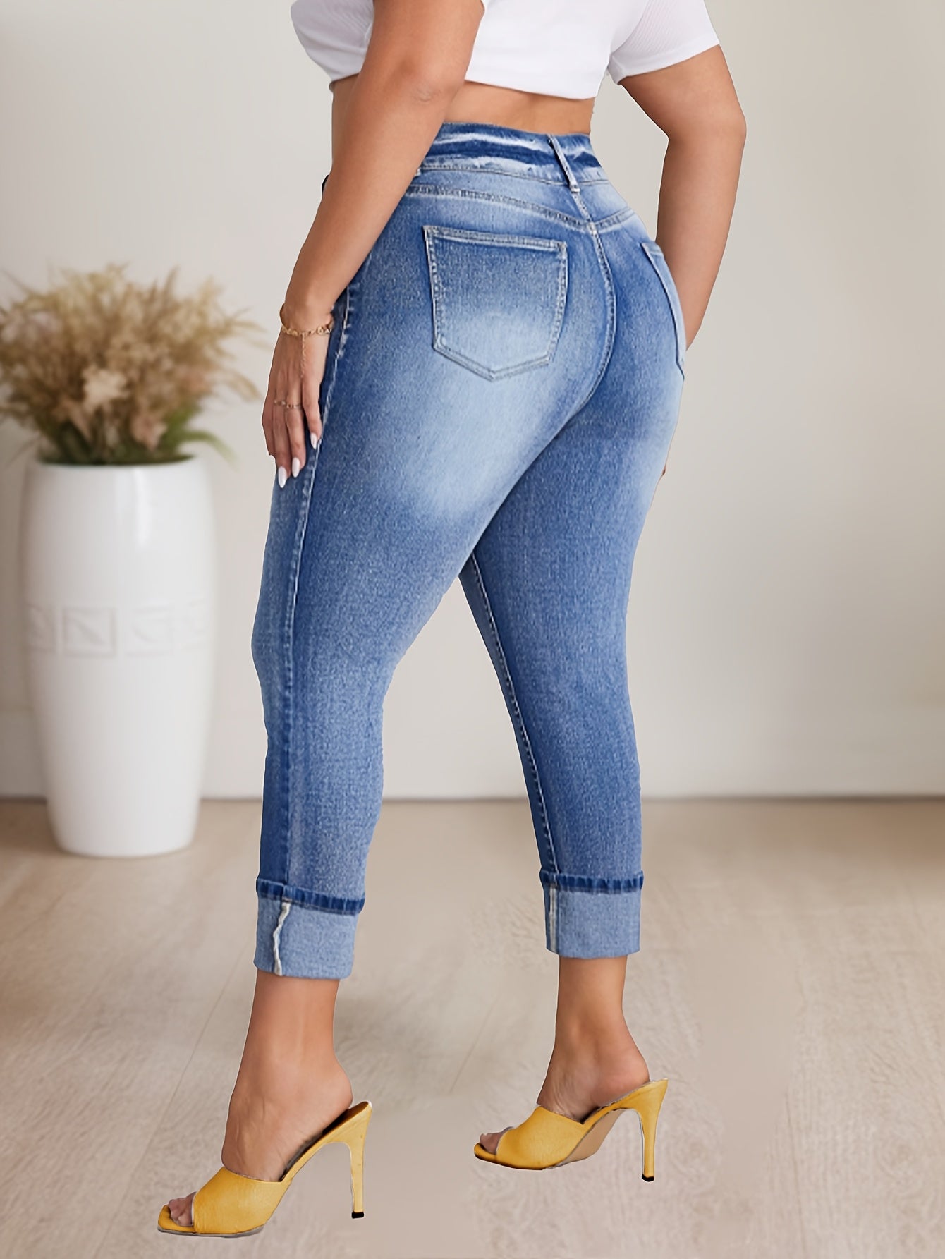 Women's Elastic High Waist Denim Seven-Eighth Pants Large Size
