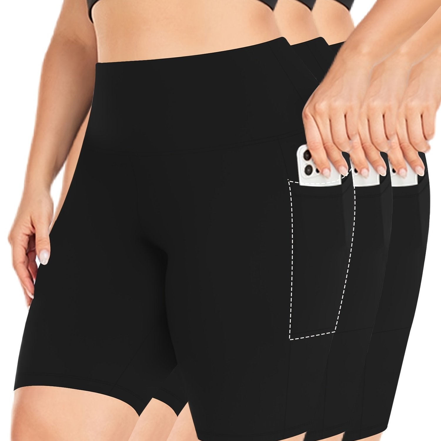 Plus Size High-Waist Stretch Shorts with Pockets Polyester Blend 3-Pack
