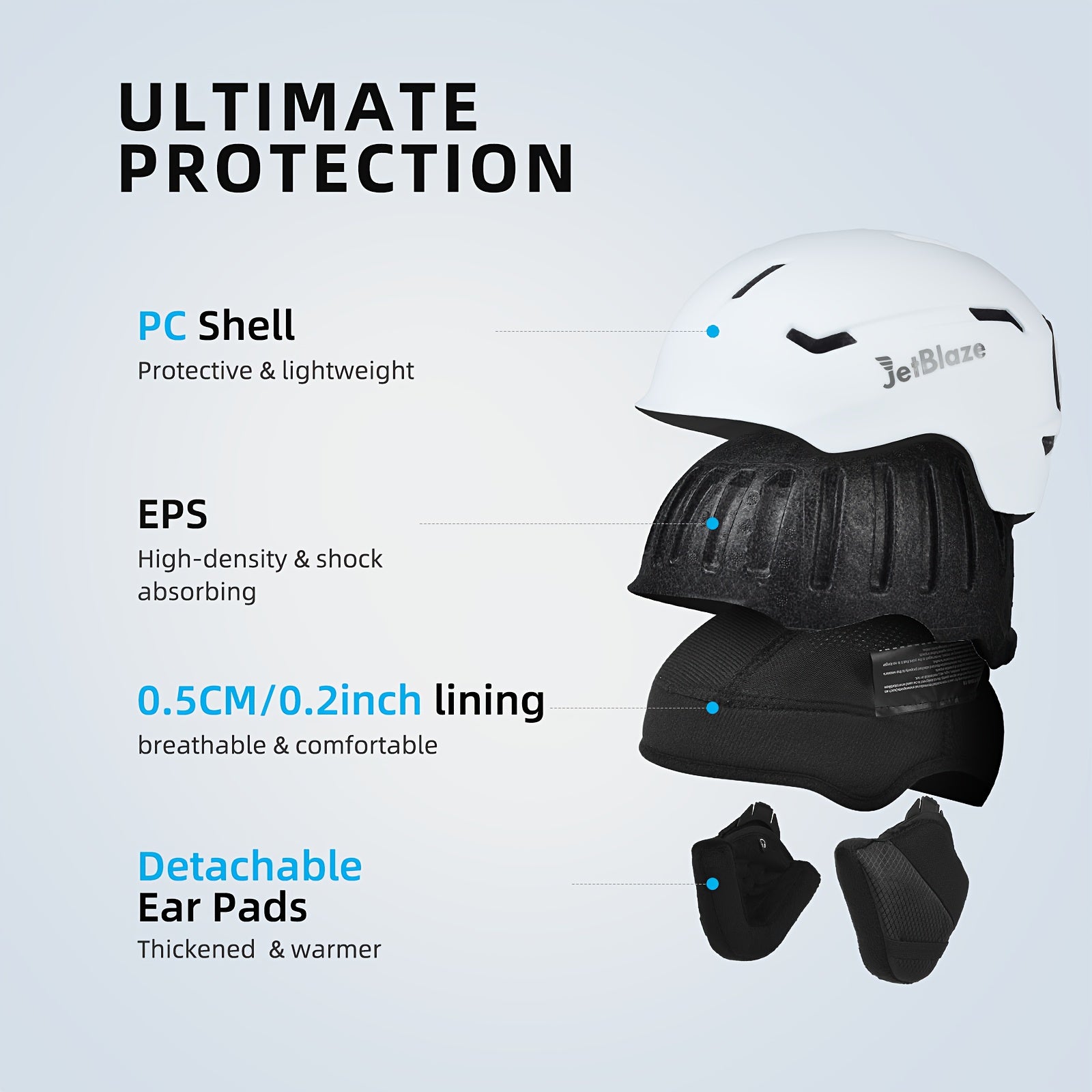 Ski Helmet with Adjustable Fit Shock-Absorbing Shell Removable Ear Pads White