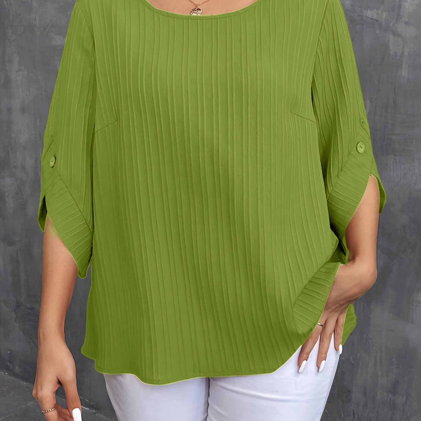 Plus Size Women's Green Button-Up Blouse Casual Short Sleeve Ruched Lightweight Polyester
