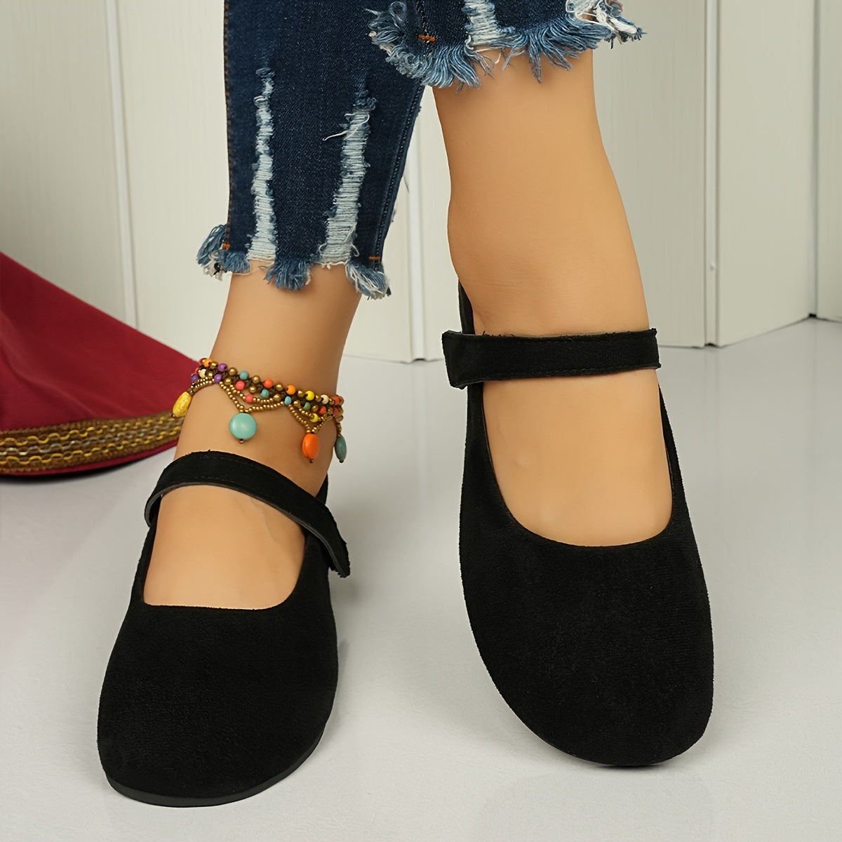 Zapatos planos retro con forro falso para mujer, con cierre de gancho y bucle