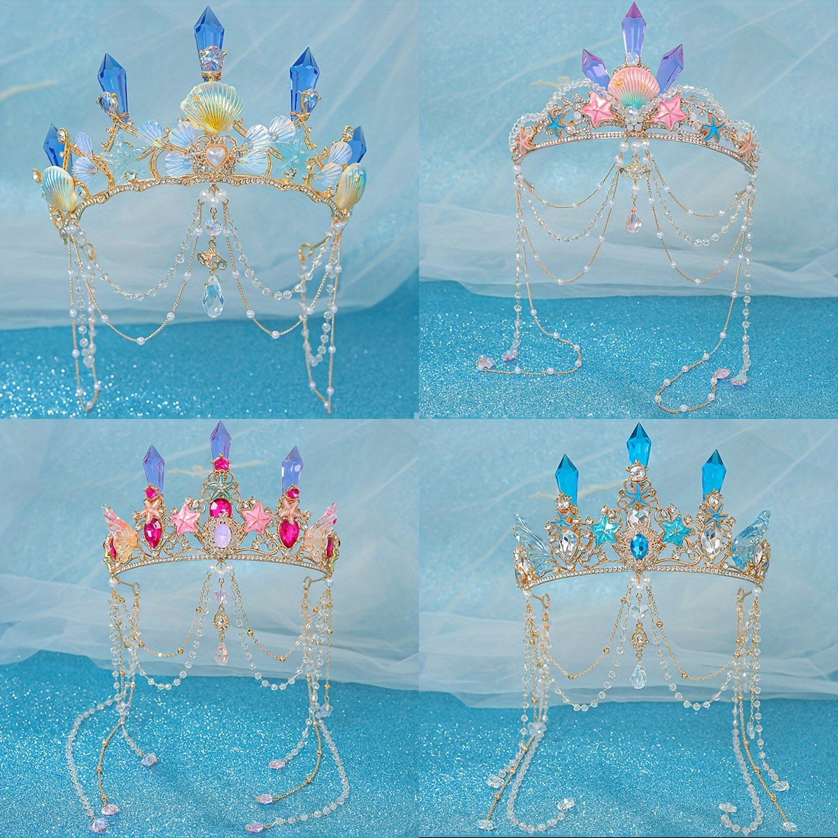 Yuvin Tiara Rhinestone Yulduzcha Shell Dizayni Tassel Soch Aksesuarlar To'y uchun