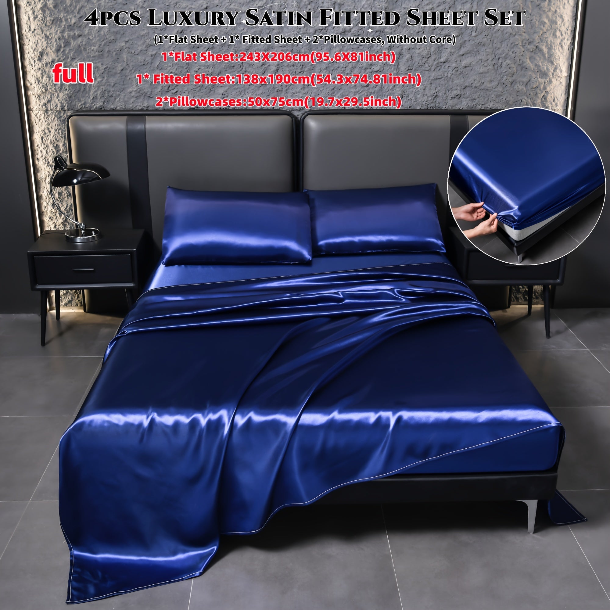 Juego de sábanas de satén de 4 piezas, reversible, transpirable, antideslizante, de color sólido para dormitorio, invitados, hotel