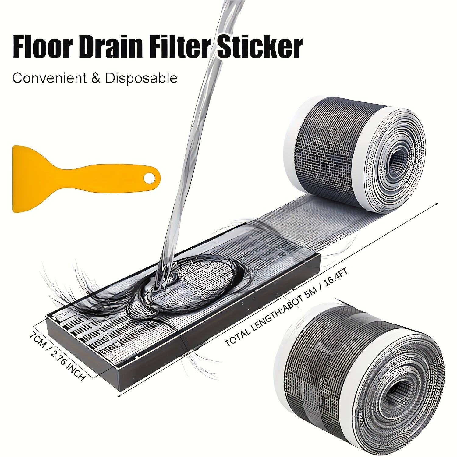 Pegatinas desechables para desagüe de suelo, trampa para cabello, rollo de 5 metros, sin obstrucciones