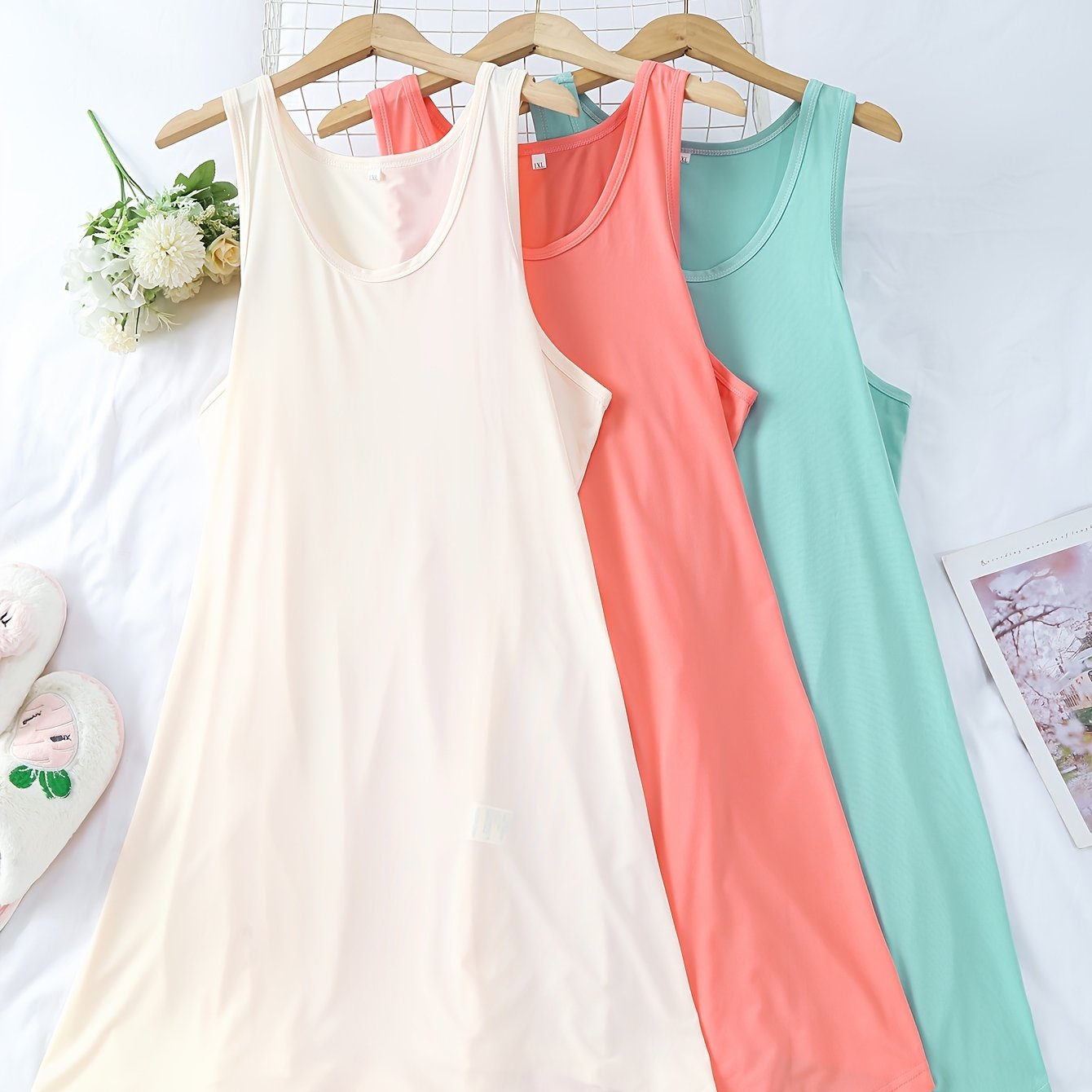 Mujeres camisón de noche de color sólido con cuello redondo, pack de 3, poliéster elastano