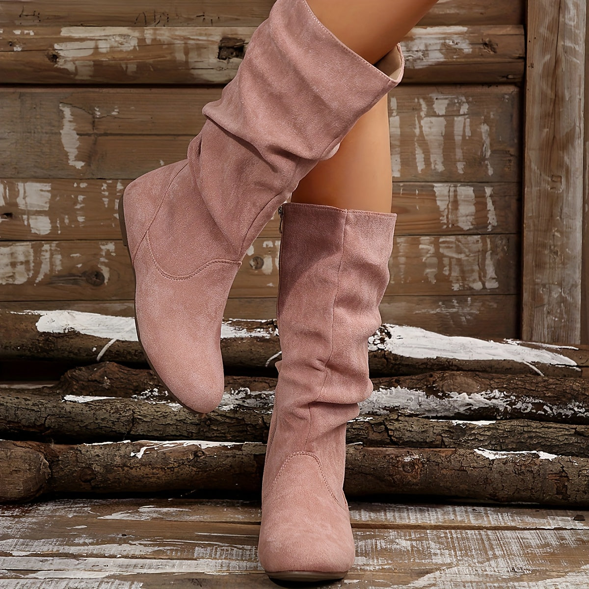 Women's Solid Color Mid-Calf Boots with Side Zipper and Round Toe