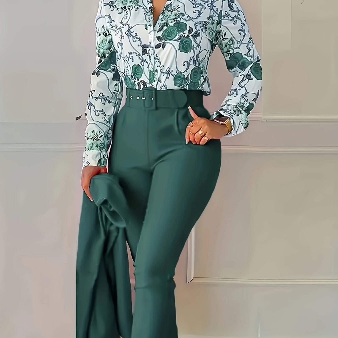 Women's Floral V Neck Blouse and Belted Tapered Pants Set Spring Summer Polyester