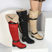 Women's Over-the-Knee Western Boots Buckle Round Toe Winter Lined