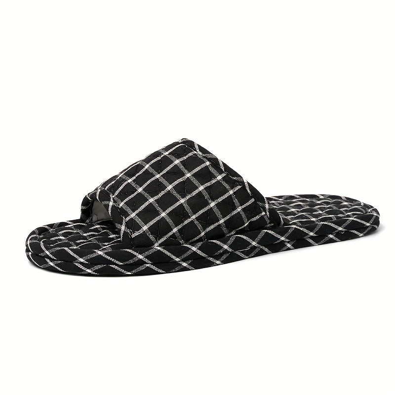 Women's Plush Fabric Slip-On Indoor Slippers with Checkered Pattern