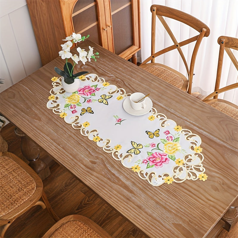 Polyester Table Runner with Hand-Cut Embroidered Flowers and Butterflies White Floral Decor