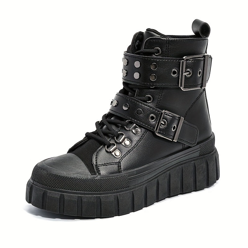 Women's Black Leather Motorcycle Boots with Metal Buckles and Platform Sole