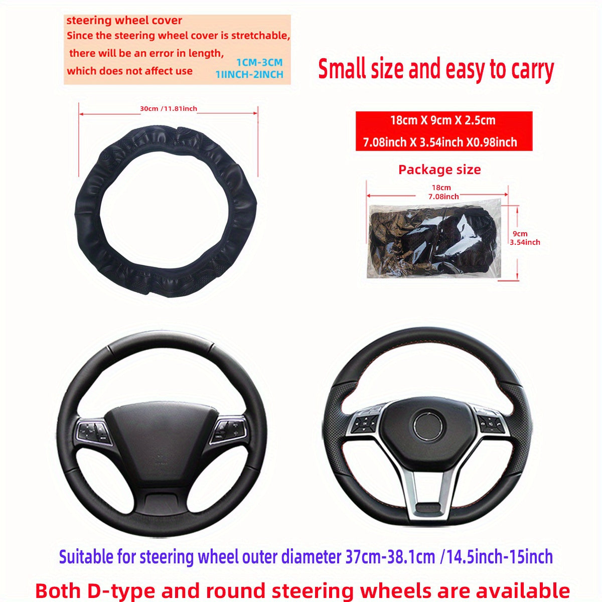 Universal Non-Slip PU Leather Steering Wheel Cover Black Red Stitching 36-38cm