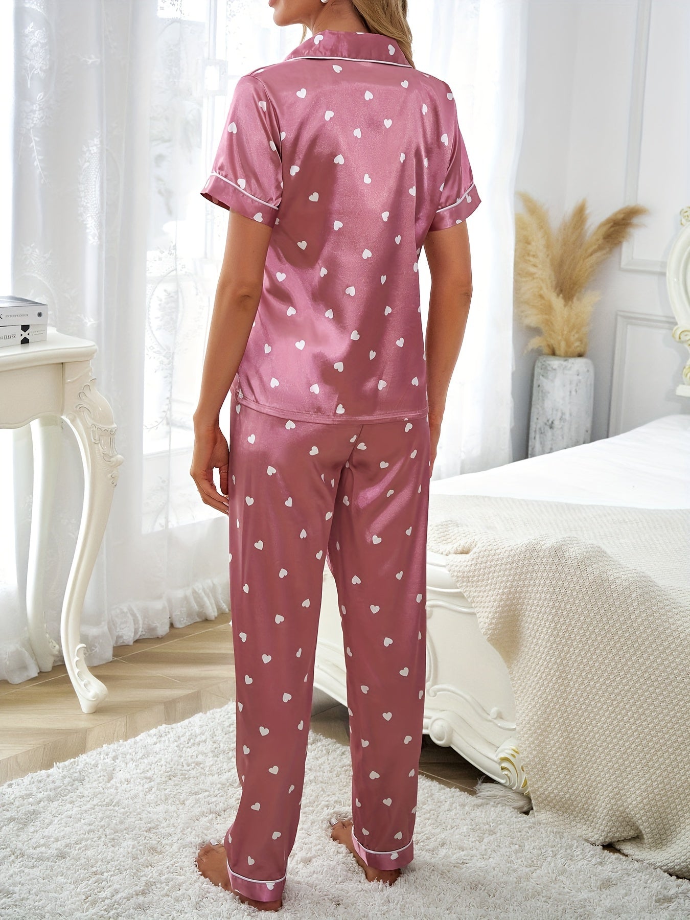 Women's Satin Heart Print Pajama Set Short Sleeve Top Elastic Waist Pants Lounge Sleepwear