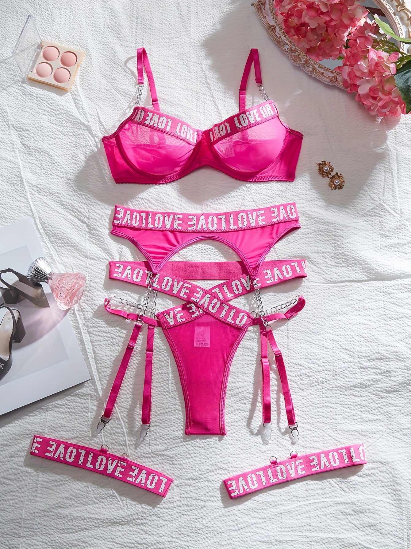 Lingerie Set with Lace Letter Print and Metal Chain for Women 2024