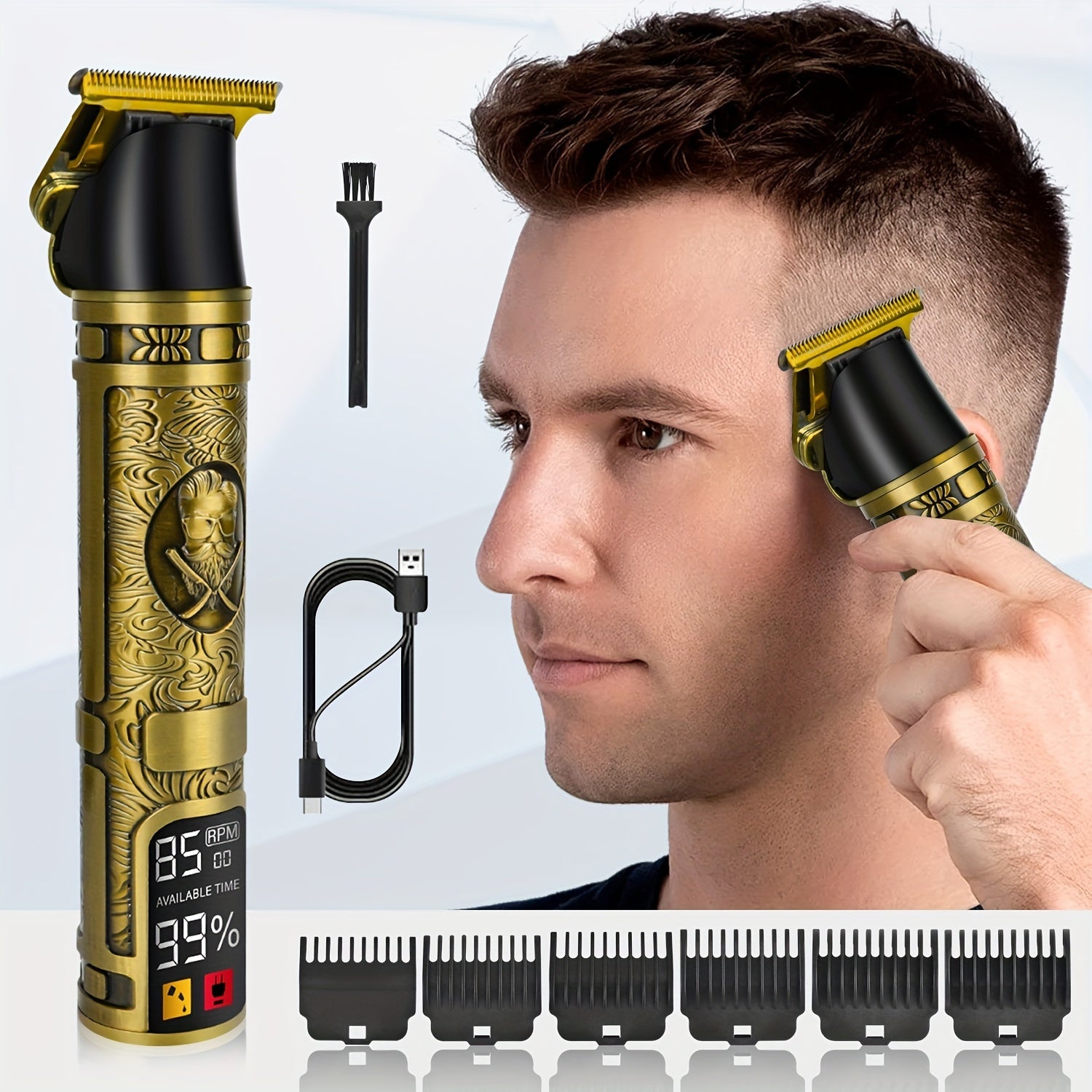 Professional USB Rechargeable Hair Clippers for Men Zero Gapped T-Blade Lithium Battery Guide Combs