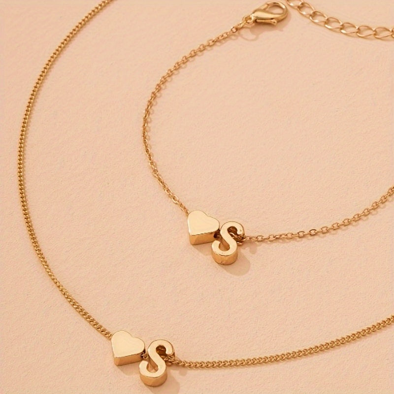 Retro Alloy Letter Necklace and Bracelet Set Vintage Simple Jewelry for Daily and Gift Giving