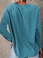 Plus o'lchamli ayollar uchun uzun qo'lqopli kruiz bo'yinli T-shirt yengil ko'k casual vintage