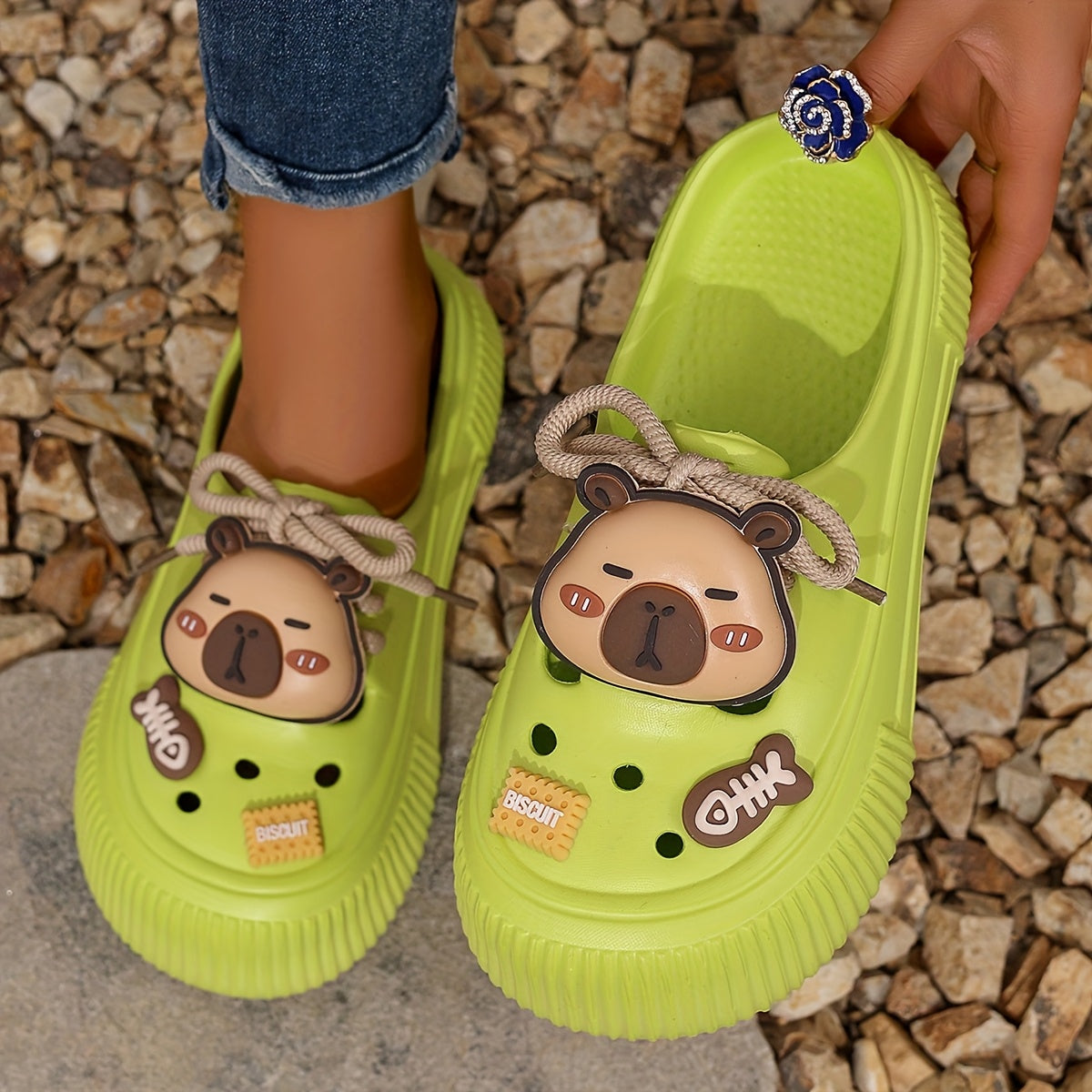 Women's Summer White EVA Clogs with Bear Charm and Thick Sole