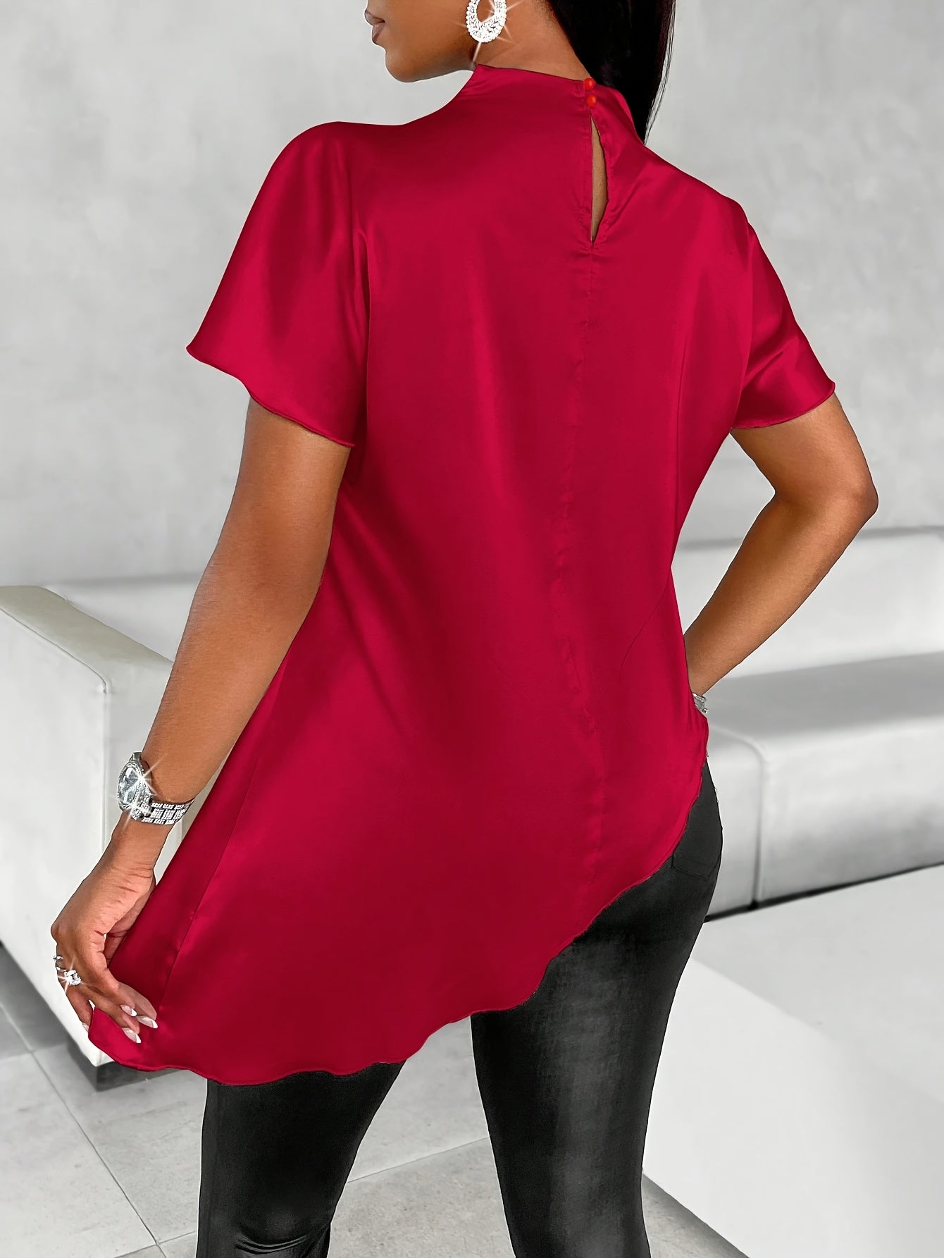 Women's Satin Blouse with Batwing Sleeves, Asymmetrical Hem, Solid Color