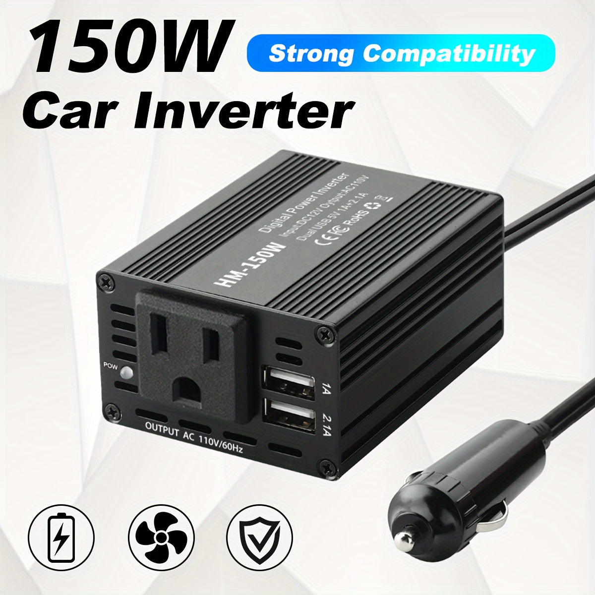 150W Car Power Inverter with 2 USB Ports and 110V Power Jack