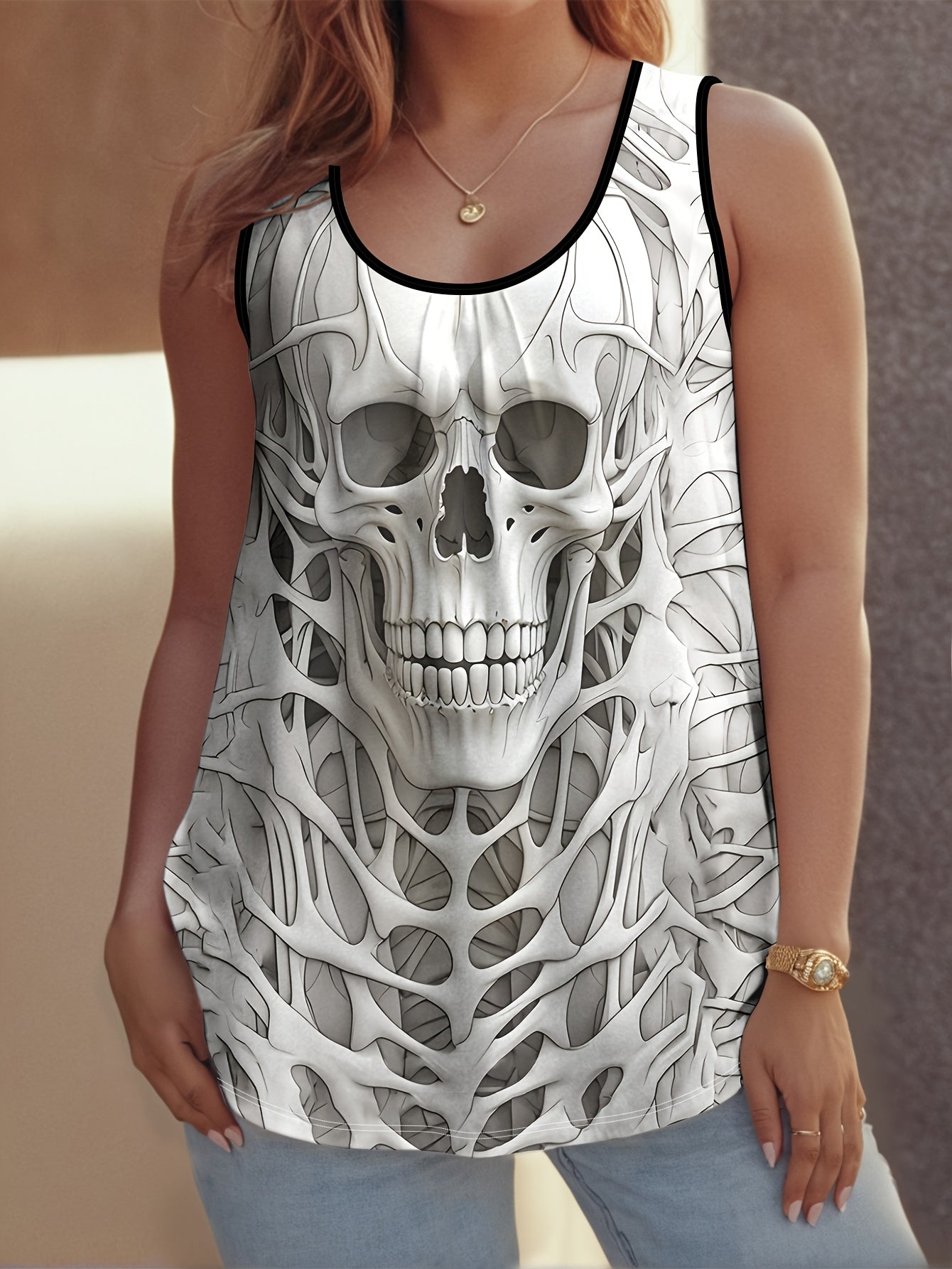 Топ без рукавов для женщин больших размеров, дышащий из полиэстера, с принтом черепа и цветов, летняя пляжная одежда