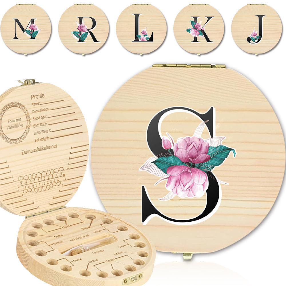 Caja de almacenamiento de recuerdo de madera para dientes de leche de niños con patrón de letras en mármol blanco