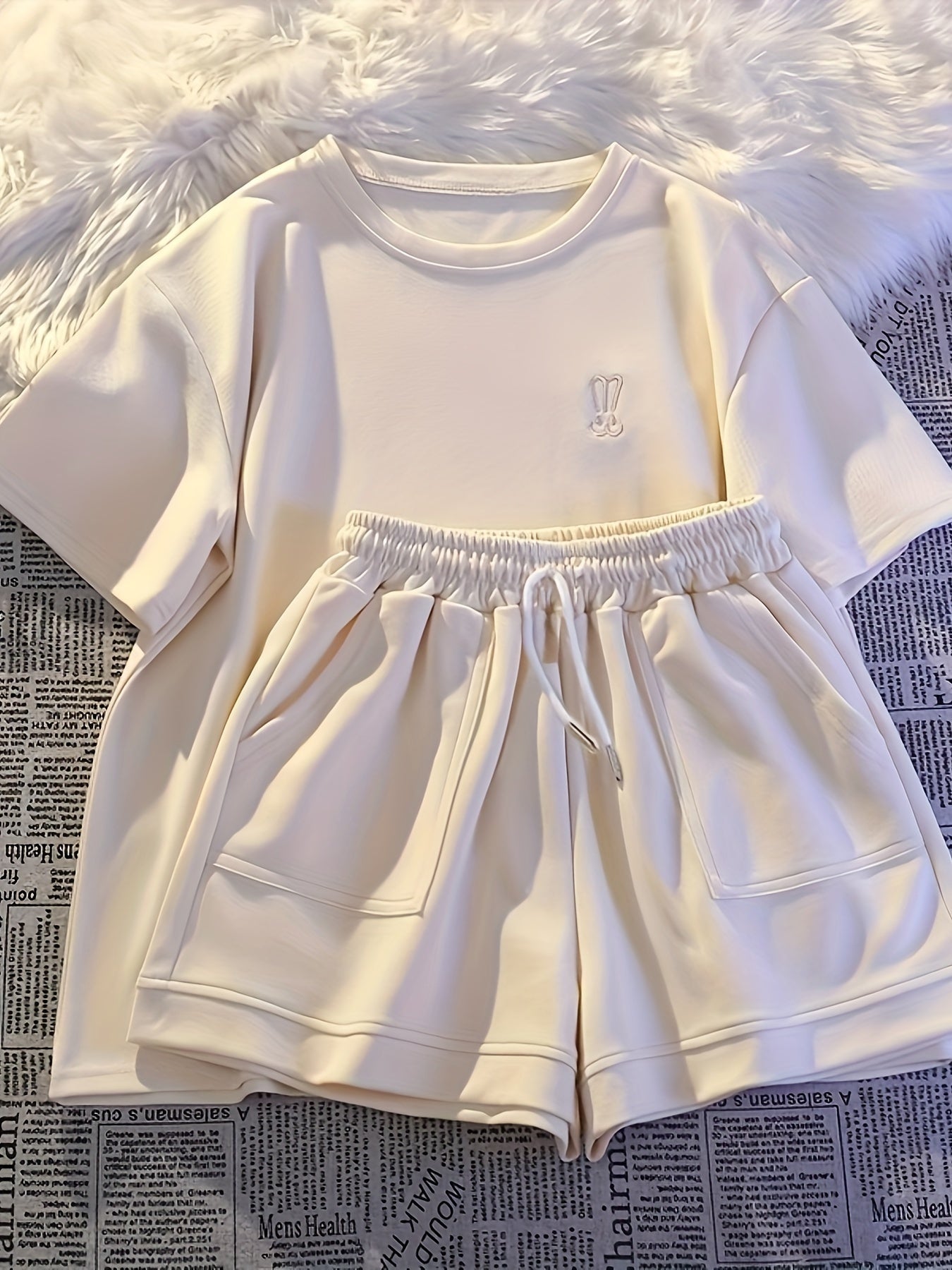 Girls Summer T-Shirt Set with Embroidered Solid Color Crew Neck Shorts for Kids