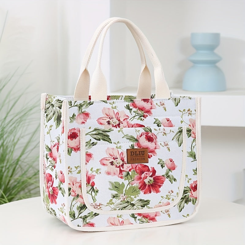 Floral Print Canvas Tote Bag with Zipper Closure and Fixed Shoulder Straps for Daily Commute Black Beige Green