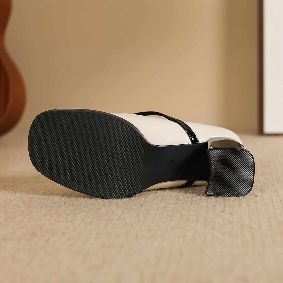 Women's Color-Block Square-Toe Mary Jane Shoes with High Heel and Adjustable Strap