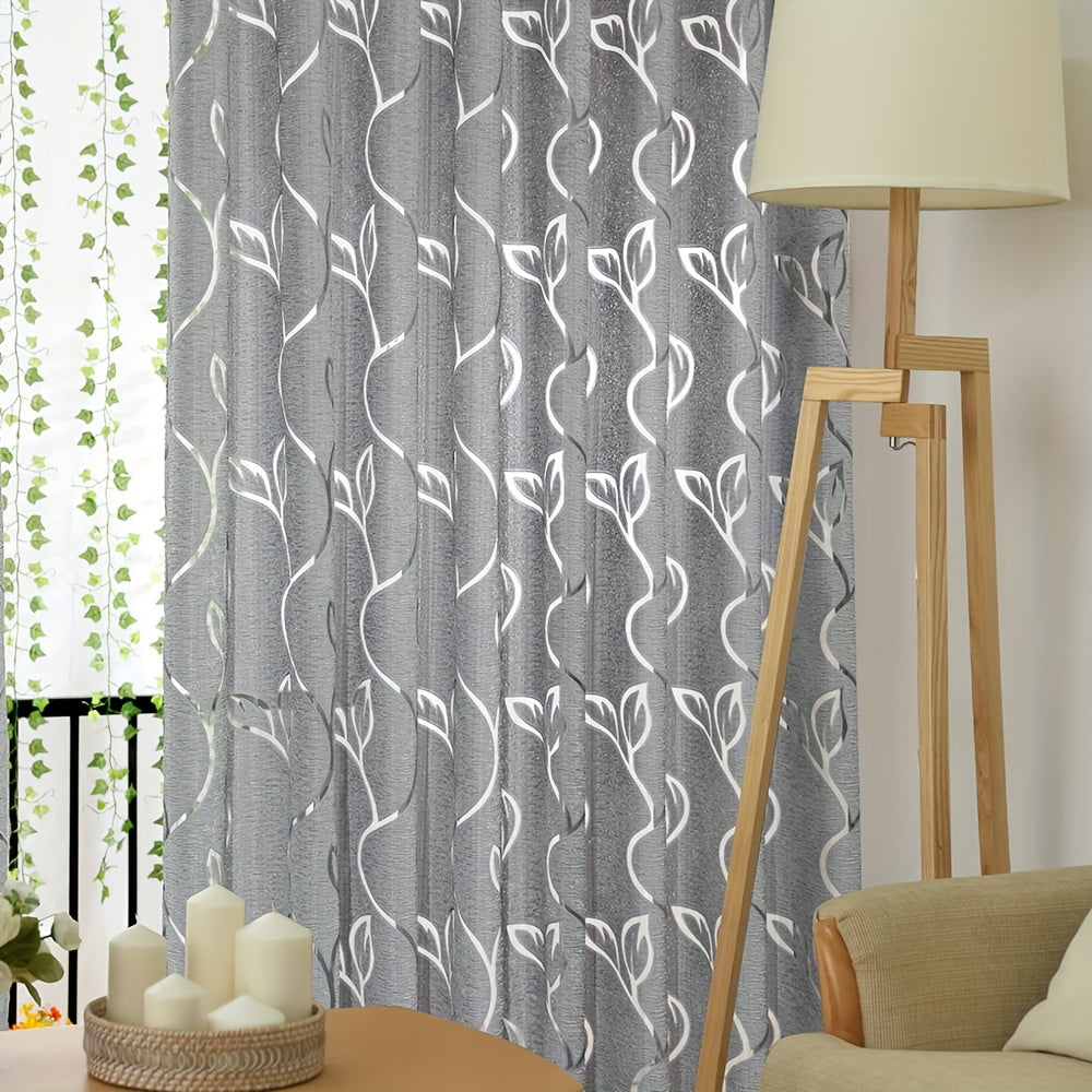 Light Gray Leaf Jacquard Sheer Curtain with Rod Pocket for Bedroom Living Room Office