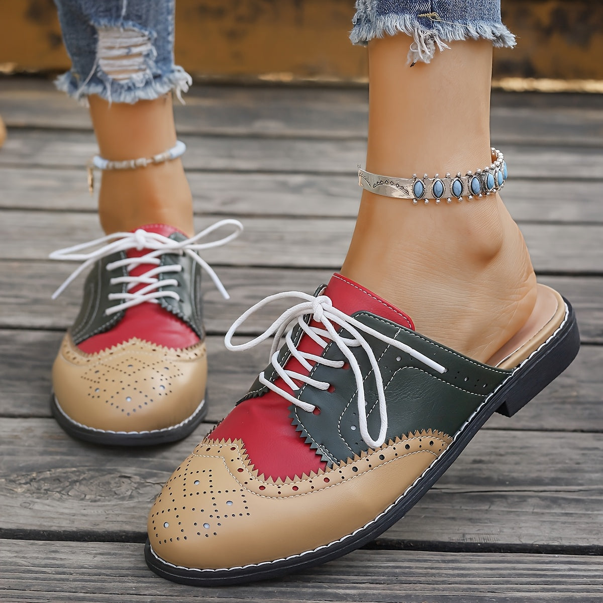 Women Flat Mules Slip-On Shoes Color-Block Comfortable Stylish