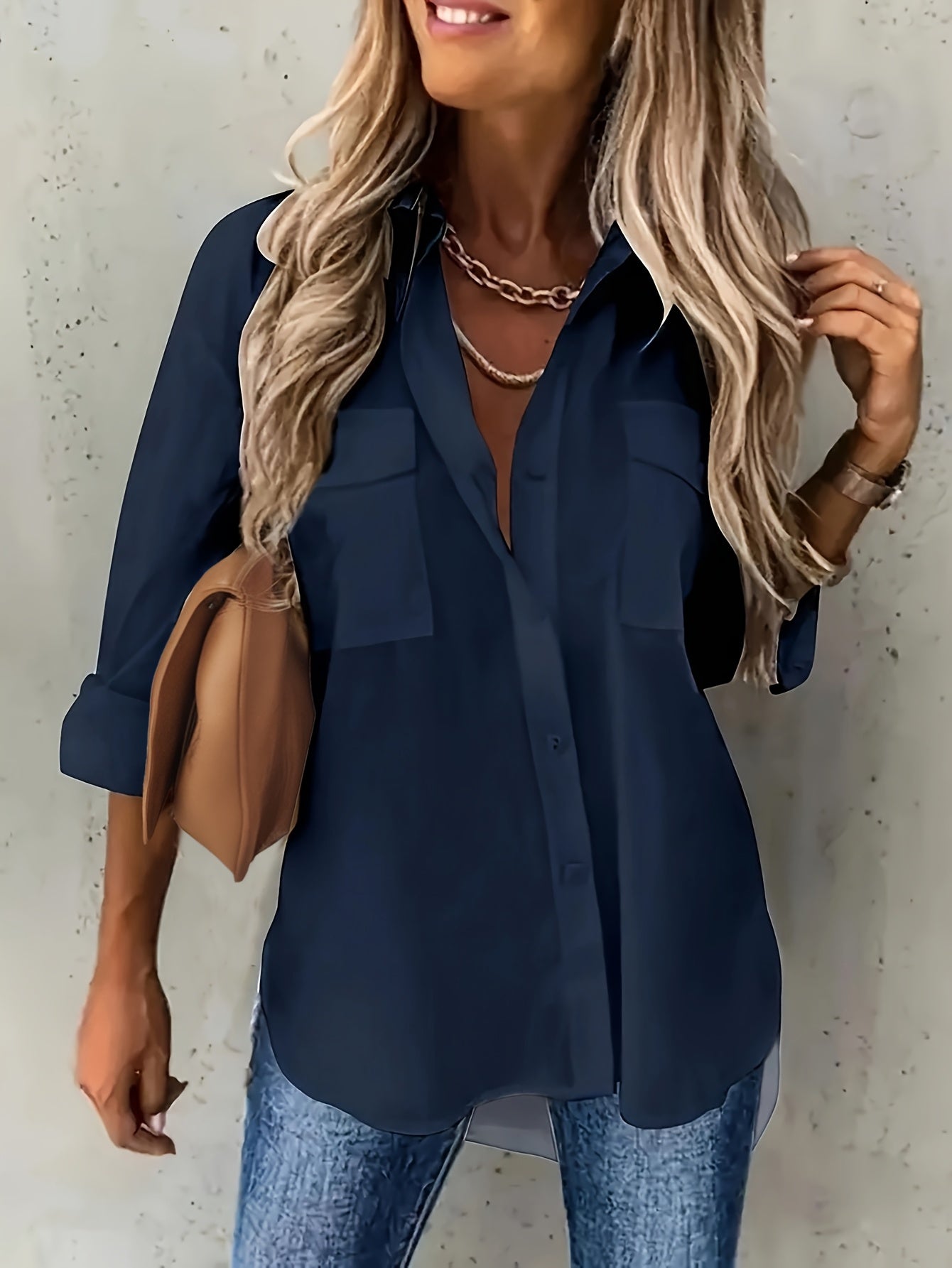 Plus Size Women's Chambray Short Sleeve Button-Up Shirt Casual Office Wear