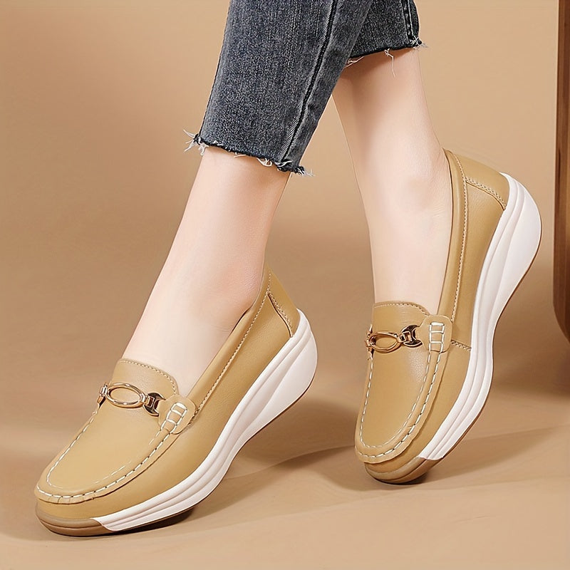 Women's Beige Slip-On Loafers with Non-Slip Sole and Decorative Buckle