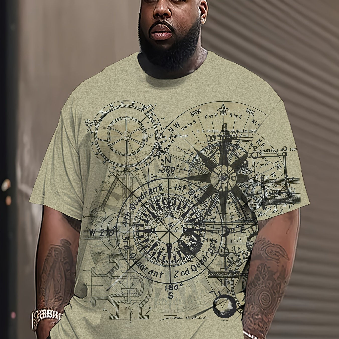 Мужская футболка с увеличенным размером, принт компаса, 3D-графика, короткий рукав, полиэстер спандекс, повседневная