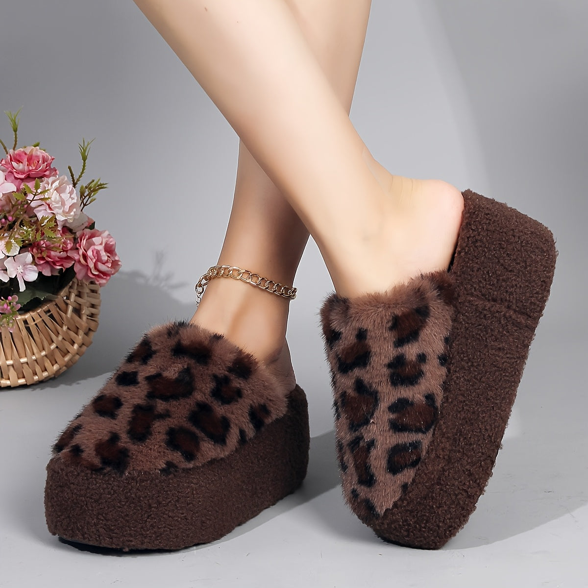 Women Fuzzy Leopard Print Slippers Plush Brown Black Spots Indoor Outdoor