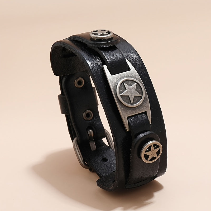 Men's Punk Rock Leather Bracelet with Zinc Alloy Star Pendant Non-Magnetic Fashion Accessory