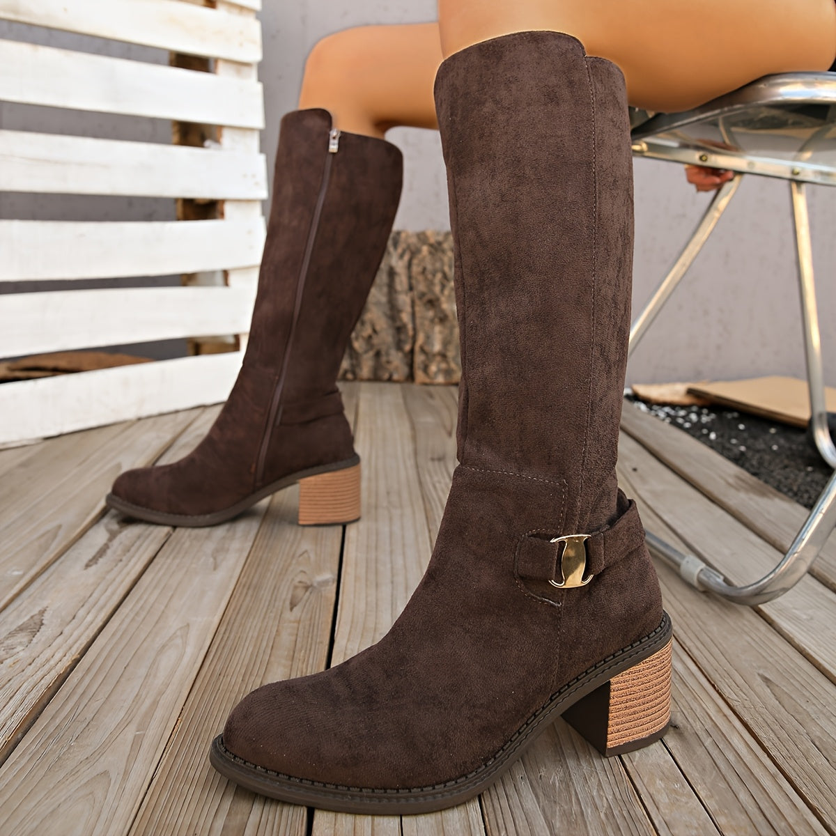 Women's Faux Leather Mid-Calf Boots with Chunky Heel and Zip