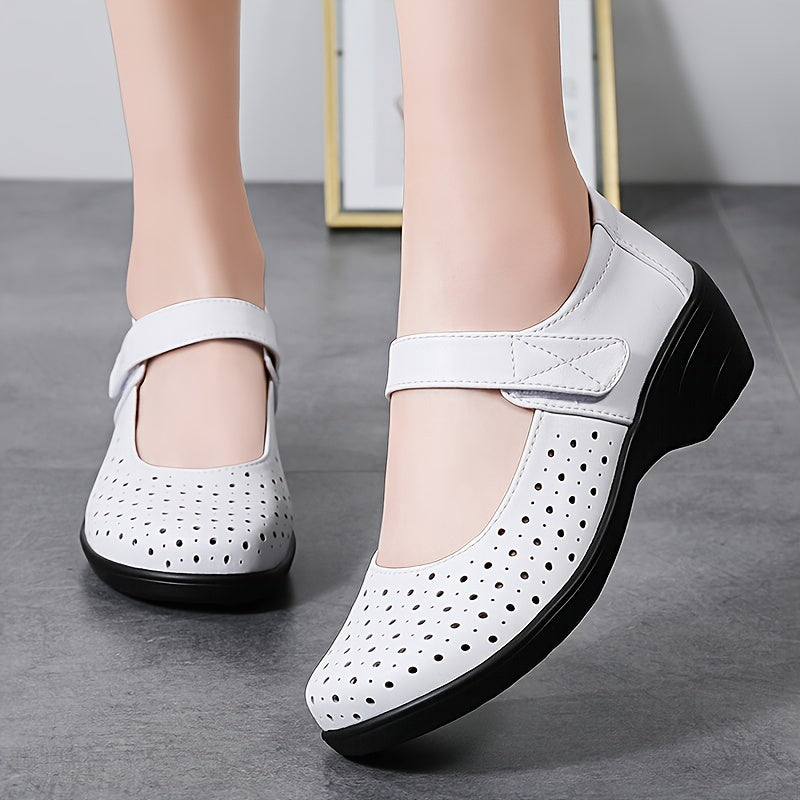 Women's Breathable Wedge Sandals White Perforated Mary Jane Comfort Shoes