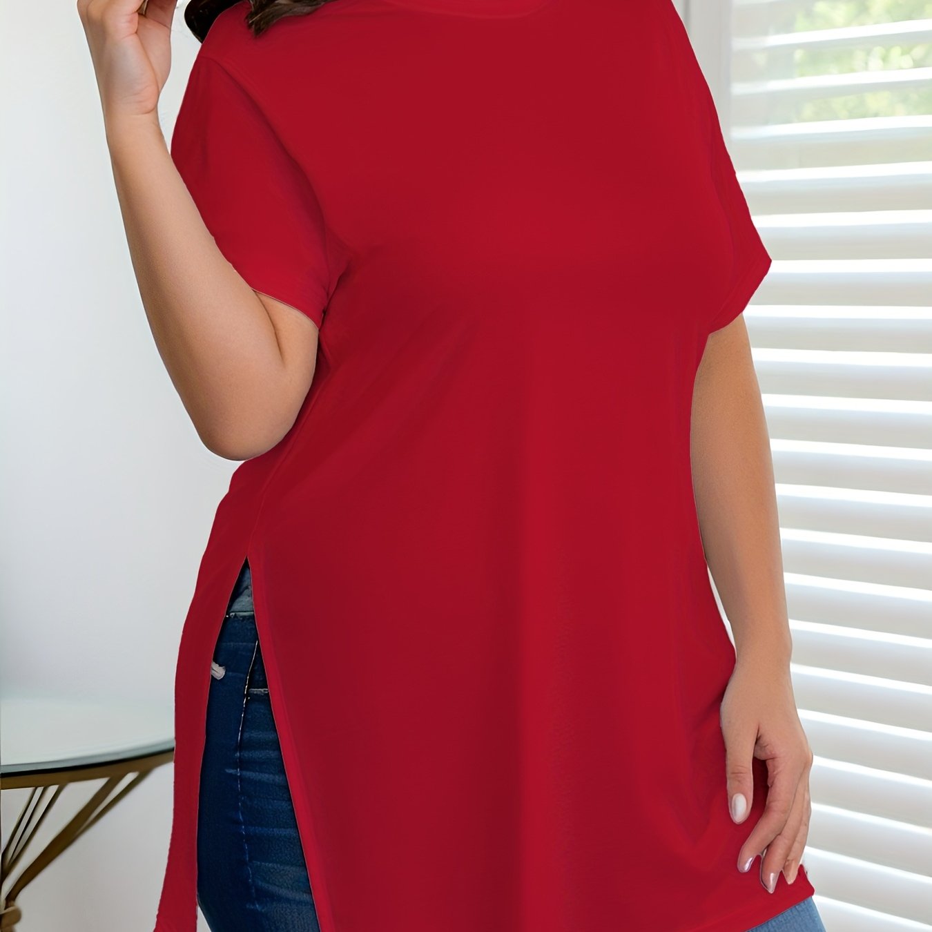 Ayollar uchun keng hajmli qisqa sleeve T-shirt, kundalik, dumaloq bo'yin, bir rangli, barcha mavsum uchun