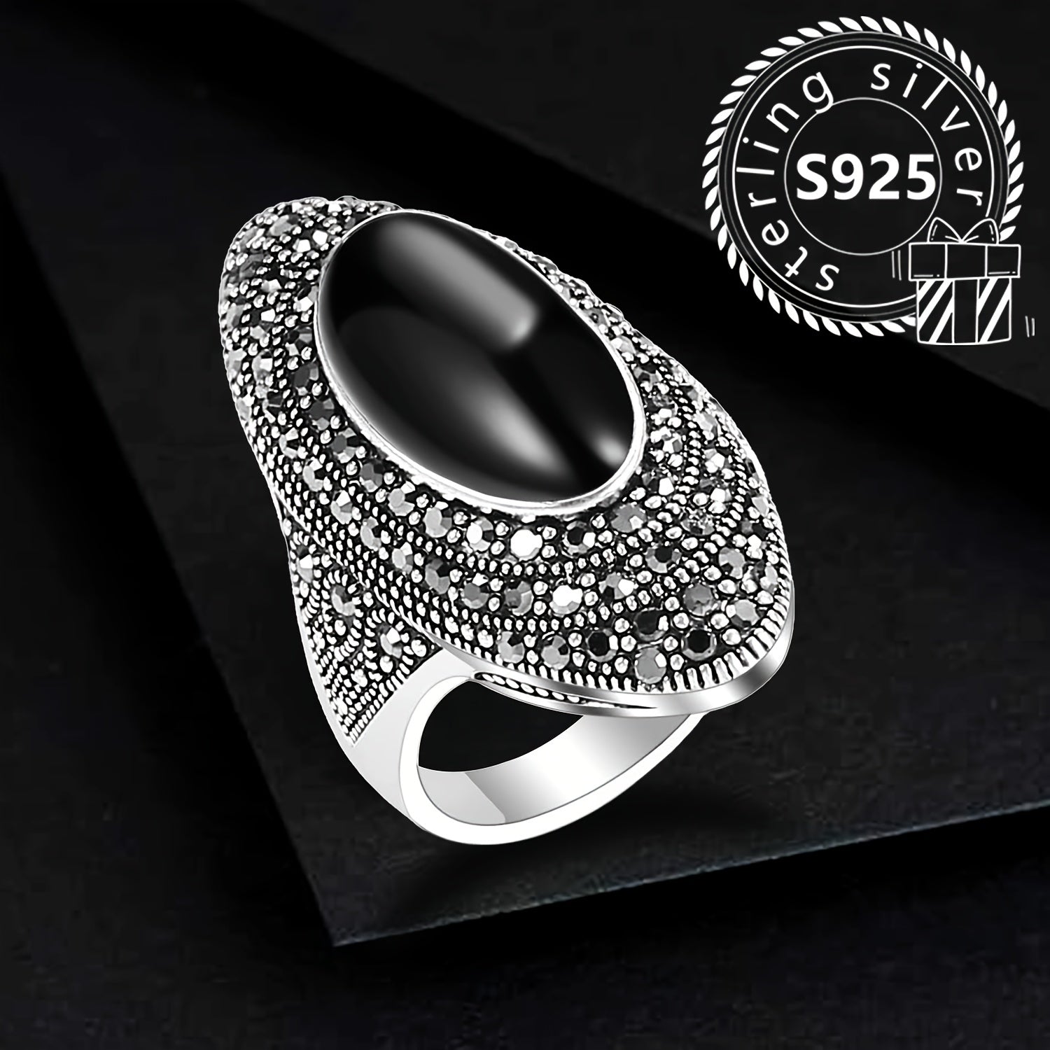 Women's Silver Ring with Black Agate Stone Inlay, Retro Style, 8.1g