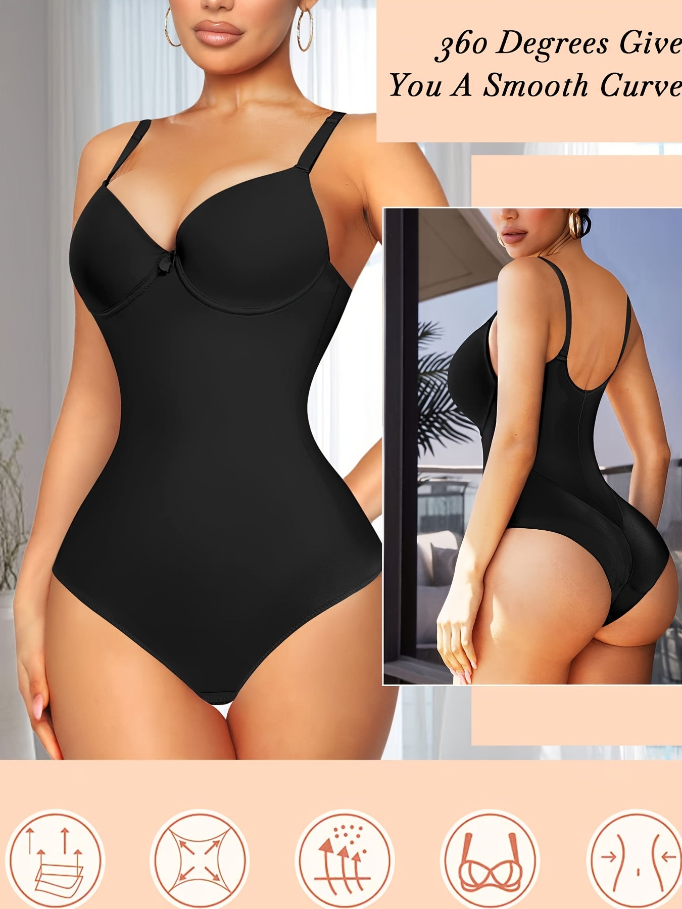 Ayollar uchun orqa qismi ochiq, qattiqlashtiruvchi va shakllantiruvchi bodysuit, toʻliq nylon spandeks